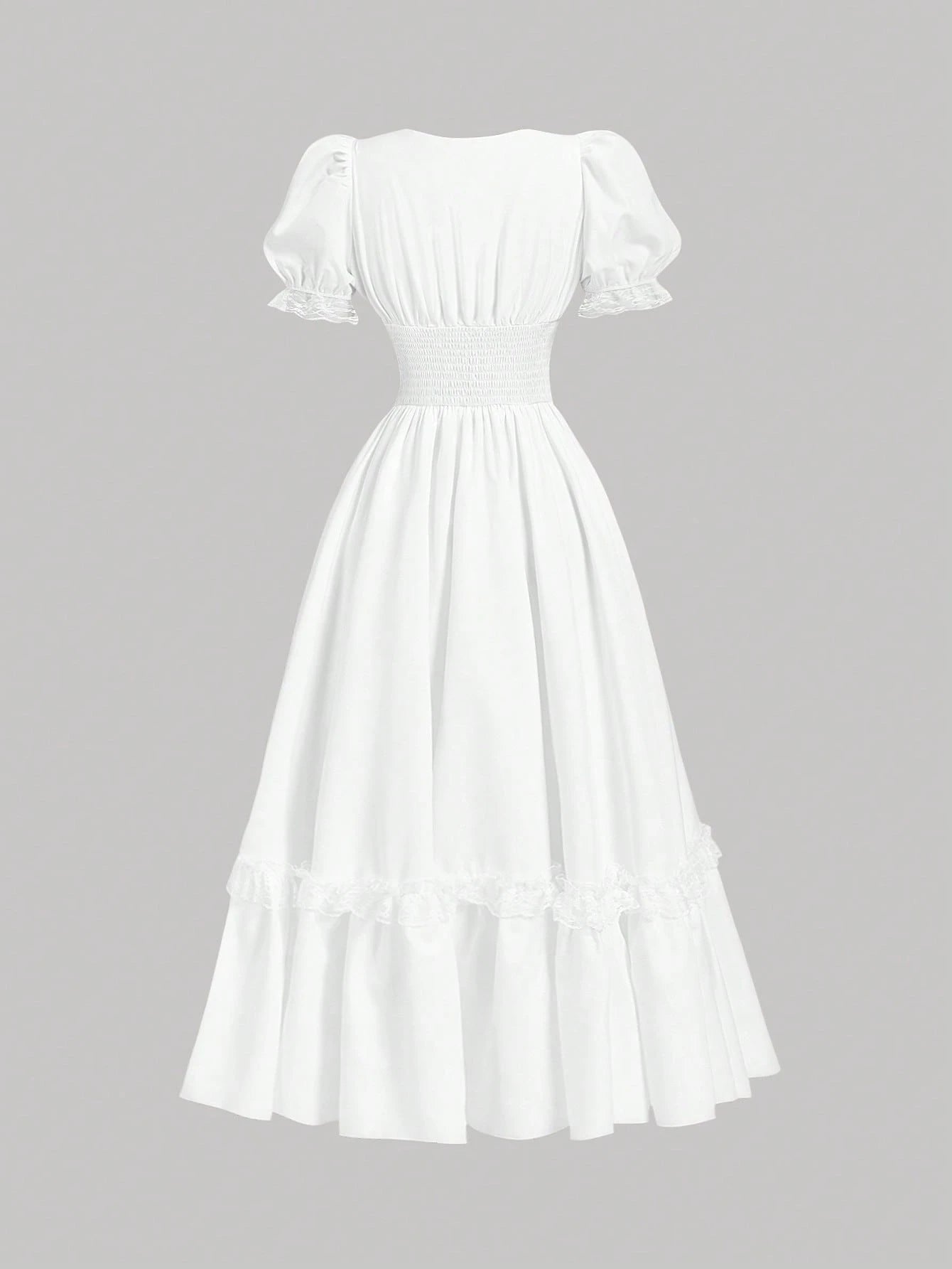 Skyraze Women's Elegant Tropical White Summer Maxi Dress,Victorian Inspired Lace V Neck Puff Sleeve Peplum Flowy A Line Long Dress,Tea Party Vacation Garden