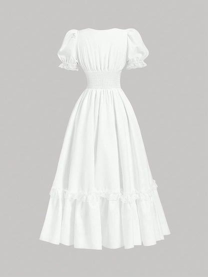 Skyraze Women's Elegant Tropical White Summer Maxi Dress,Victorian Inspired Lace V Neck Puff Sleeve Peplum Flowy A Line Long Dress,Tea Party Vacation Garden