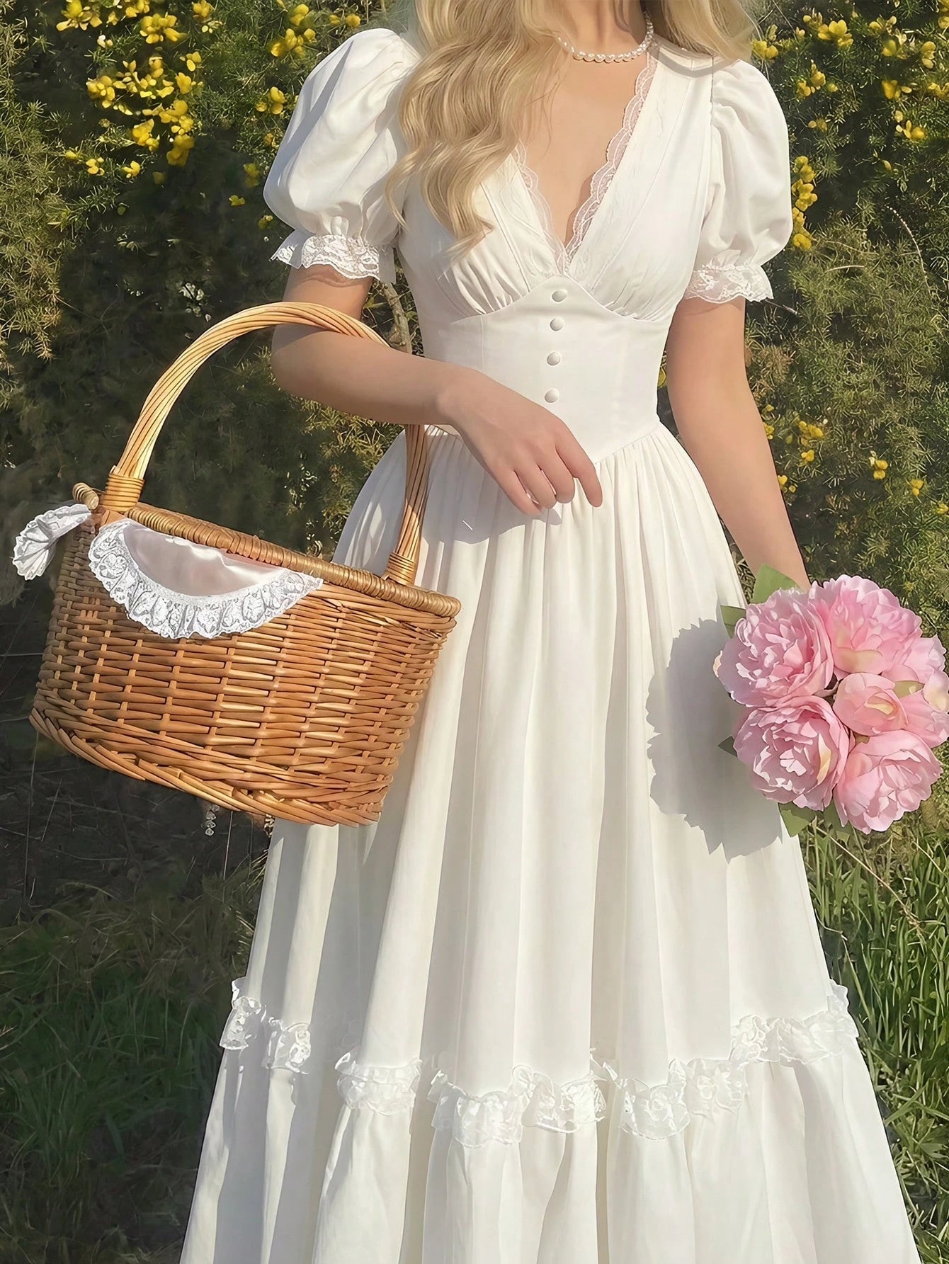 Skyraze Women's Elegant Tropical White Summer Maxi Dress,Victorian Inspired Lace V Neck Puff Sleeve Peplum Flowy A Line Long Dress,Tea Party Vacation Garden