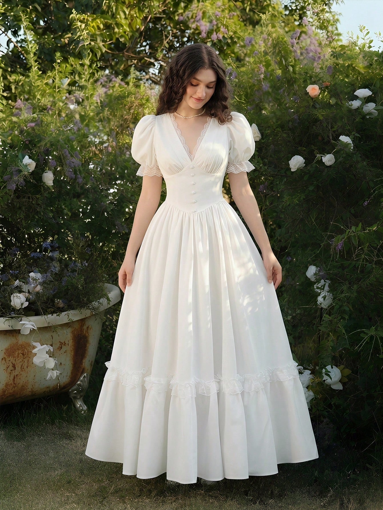 Skyraze Women's Elegant Tropical White Summer Maxi Dress,Victorian Inspired Lace V Neck Puff Sleeve Peplum Flowy A Line Long Dress,Tea Party Vacation Garden