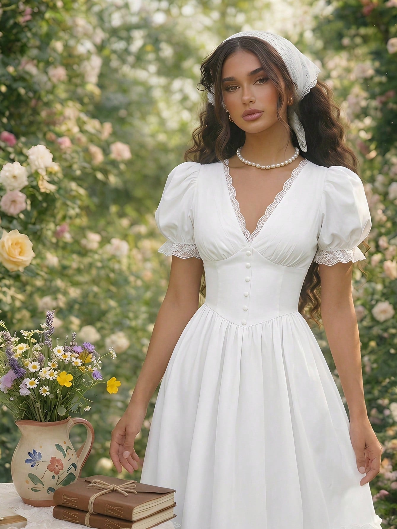 Skyraze Women's Elegant Tropical White Summer Maxi Dress,Victorian Inspired Lace V Neck Puff Sleeve Peplum Flowy A Line Long Dress,Tea Party Vacation Garden