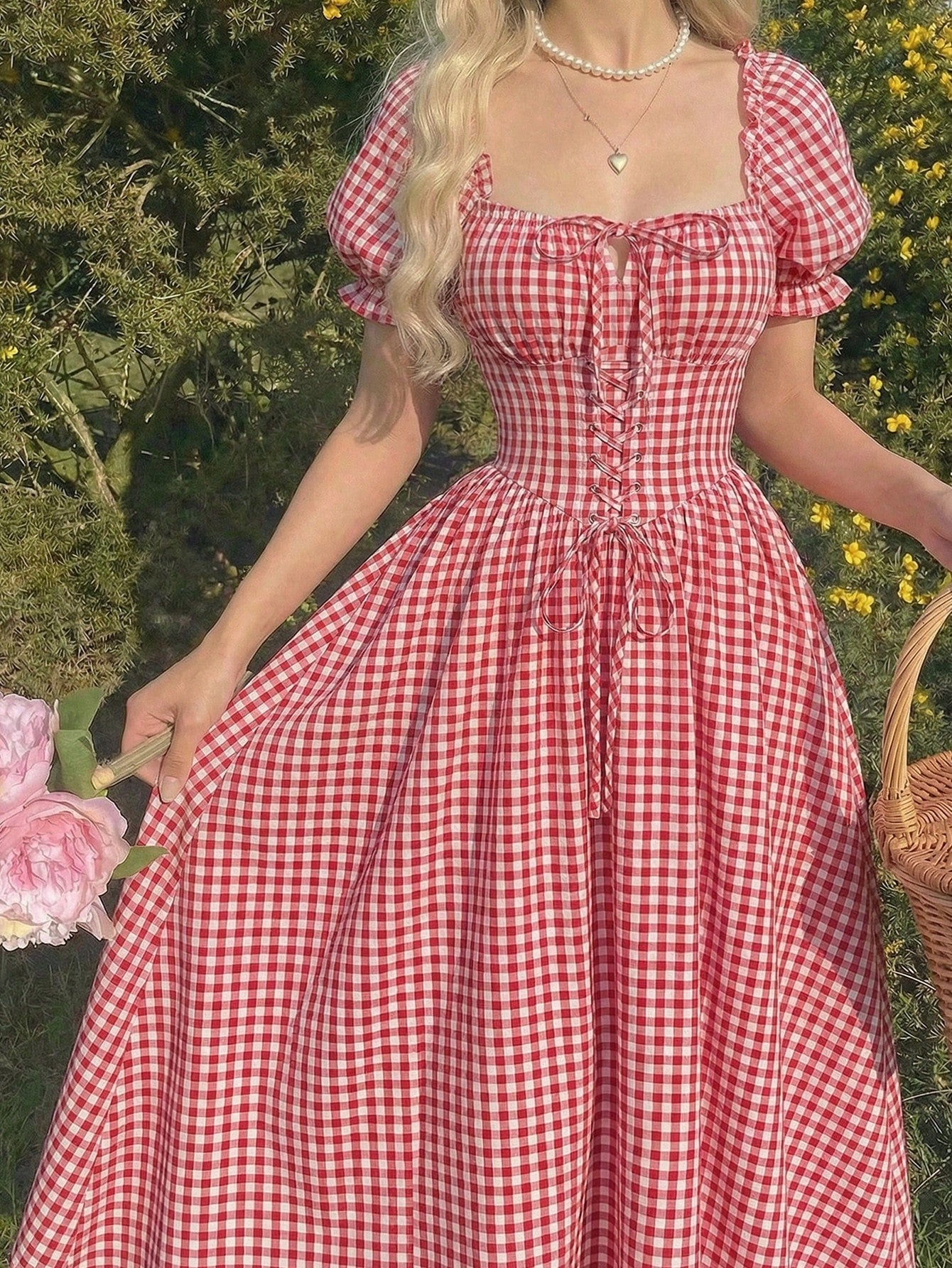 Skyraze Women's Red And White Plaid Puff Sleeve Dress,Modest 2000s Cottage Core Vintage Gingham Milkmaid Style,Summer Oktoberfest Outfit,Picnic Vacation Guest