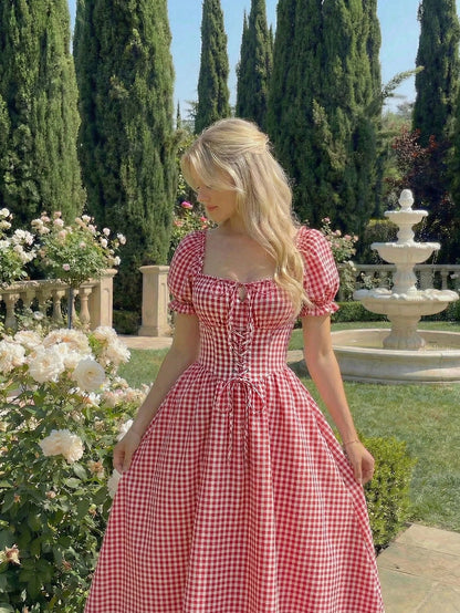 Skyraze Women's Red And White Plaid Puff Sleeve Dress,Modest 2000s Cottage Core Vintage Gingham Milkmaid Style,Summer Oktoberfest Outfit,Picnic Vacation Guest