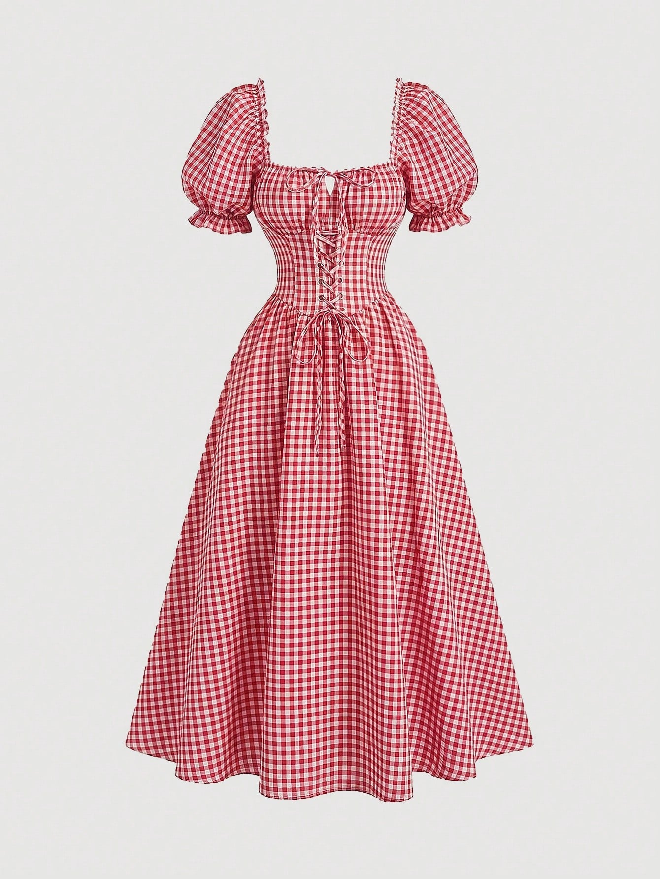 Skyraze Women's Red And White Plaid Puff Sleeve Dress,Modest 2000s Cottage Core Vintage Gingham Milkmaid Style,Summer Oktoberfest Outfit,Picnic Vacation Guest