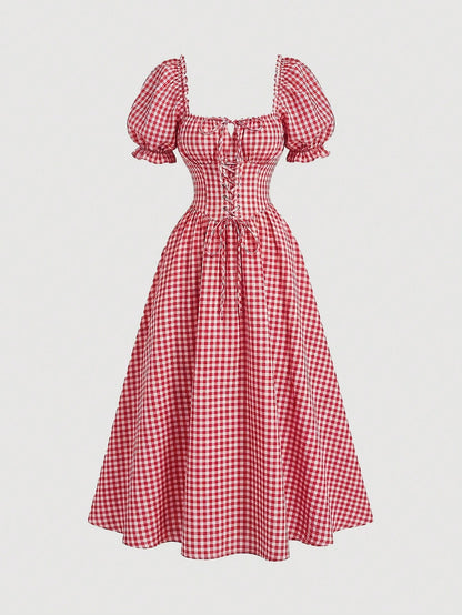 Skyraze Women's Red And White Plaid Puff Sleeve Dress,Modest 2000s Cottage Core Vintage Gingham Milkmaid Style,Summer Oktoberfest Outfit,Picnic Vacation Guest