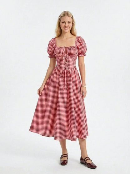 Skyraze Women's Red And White Plaid Puff Sleeve Dress,Modest 2000s Cottage Core Vintage Gingham Milkmaid Style,Summer Oktoberfest Outfit,Picnic Vacation Guest