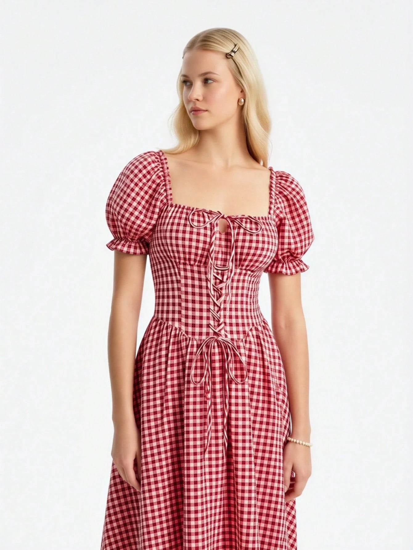 Skyraze Women's Red And White Plaid Puff Sleeve Dress,Modest 2000s Cottage Core Vintage Gingham Milkmaid Style,Summer Oktoberfest Outfit,Picnic Vacation Guest