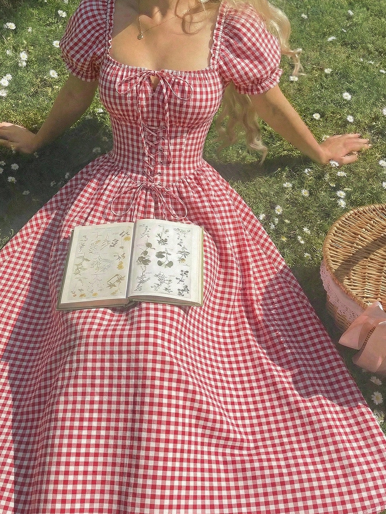 Skyraze Women's Red And White Plaid Puff Sleeve Dress,Modest 2000s Cottage Core Vintage Gingham Milkmaid Style,Summer Oktoberfest Outfit,Picnic Vacation Guest