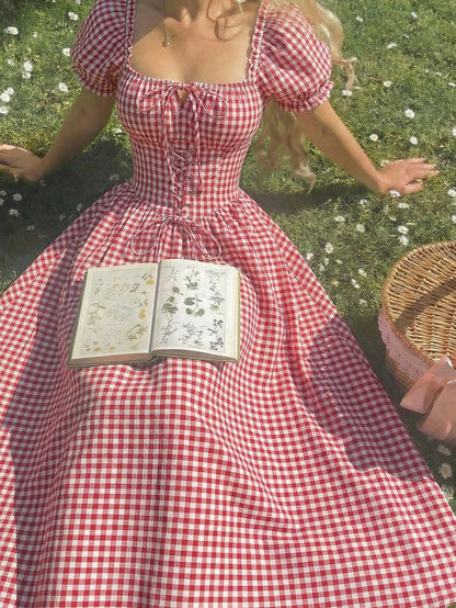 Skyraze Women's Red And White Plaid Puff Sleeve Dress,Modest 2000s Cottage Core Vintage Gingham Milkmaid Style,Summer Oktoberfest Outfit,Picnic Vacation Guest