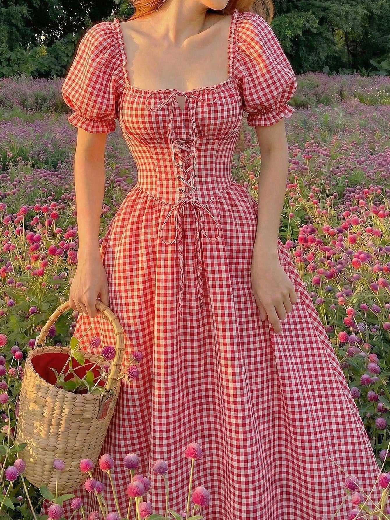 Skyraze Women's Red And White Plaid Puff Sleeve Dress,Modest 2000s Cottage Core Vintage Gingham Milkmaid Style,Summer Oktoberfest Outfit,Picnic Vacation Guest