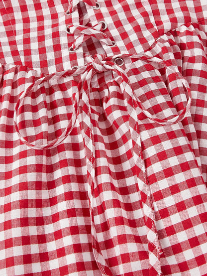 Skyraze Women's Red And White Plaid Puff Sleeve Dress,Modest 2000s Cottage Core Vintage Gingham Milkmaid Style,Summer Oktoberfest Outfit,Picnic Vacation Guest
