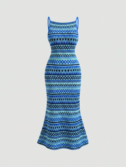 Skyraze Women's Sleeveless Dress With Geometric Color Block Pattern, Summer