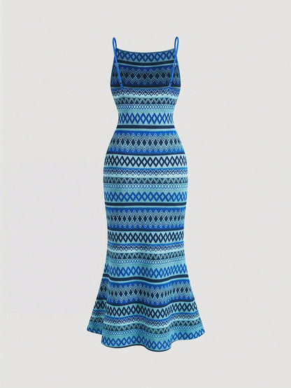 Skyraze Women's Sleeveless Dress With Geometric Color Block Pattern, Summer