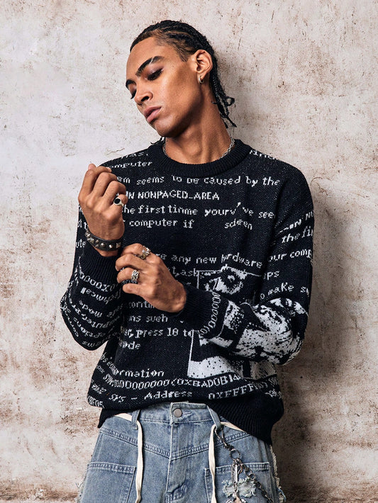 Skyrend ANDREILEE Autumn/Winter European & American New Unisex Casual Retro Abstract Letter Newspaper Print Jacquard Knit Crew Neck Sweater