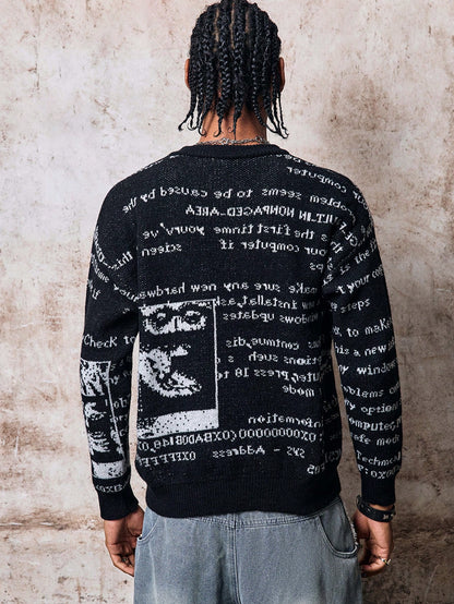 Skyrend ANDREILEE Autumn/Winter European & American New Unisex Casual Retro Abstract Letter Newspaper Print Jacquard Knit Crew Neck Sweater