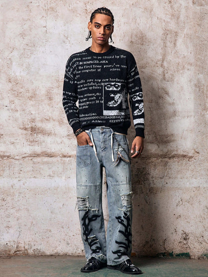 Skyrend ANDREILEE Autumn/Winter European & American New Unisex Casual Retro Abstract Letter Newspaper Print Jacquard Knit Crew Neck Sweater