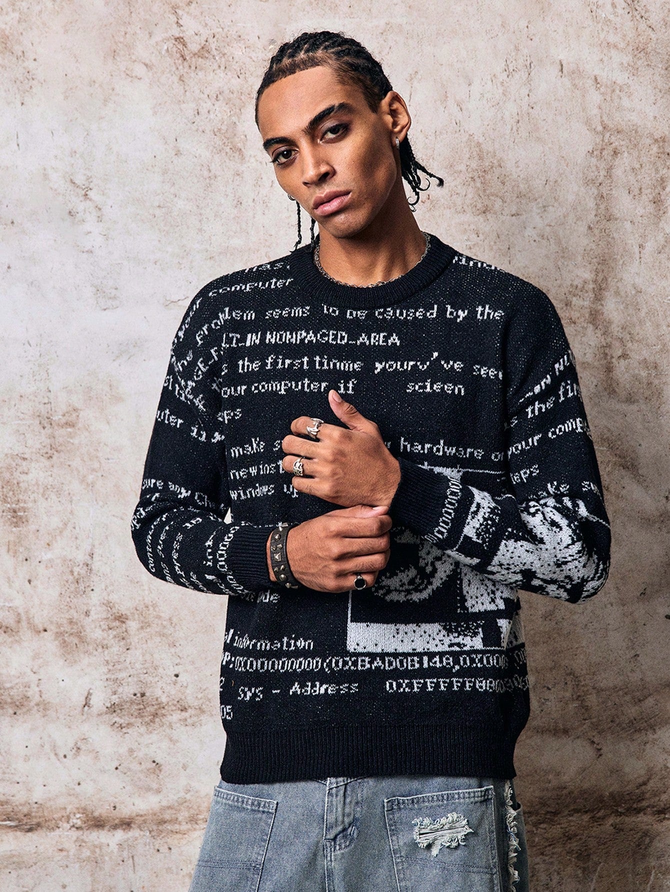 Skyrend ANDREILEE Autumn/Winter European & American New Unisex Casual Retro Abstract Letter Newspaper Print Jacquard Knit Crew Neck Sweater