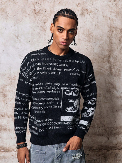 Skyrend ANDREILEE Autumn/Winter European & American New Unisex Casual Retro Abstract Letter Newspaper Print Jacquard Knit Crew Neck Sweater