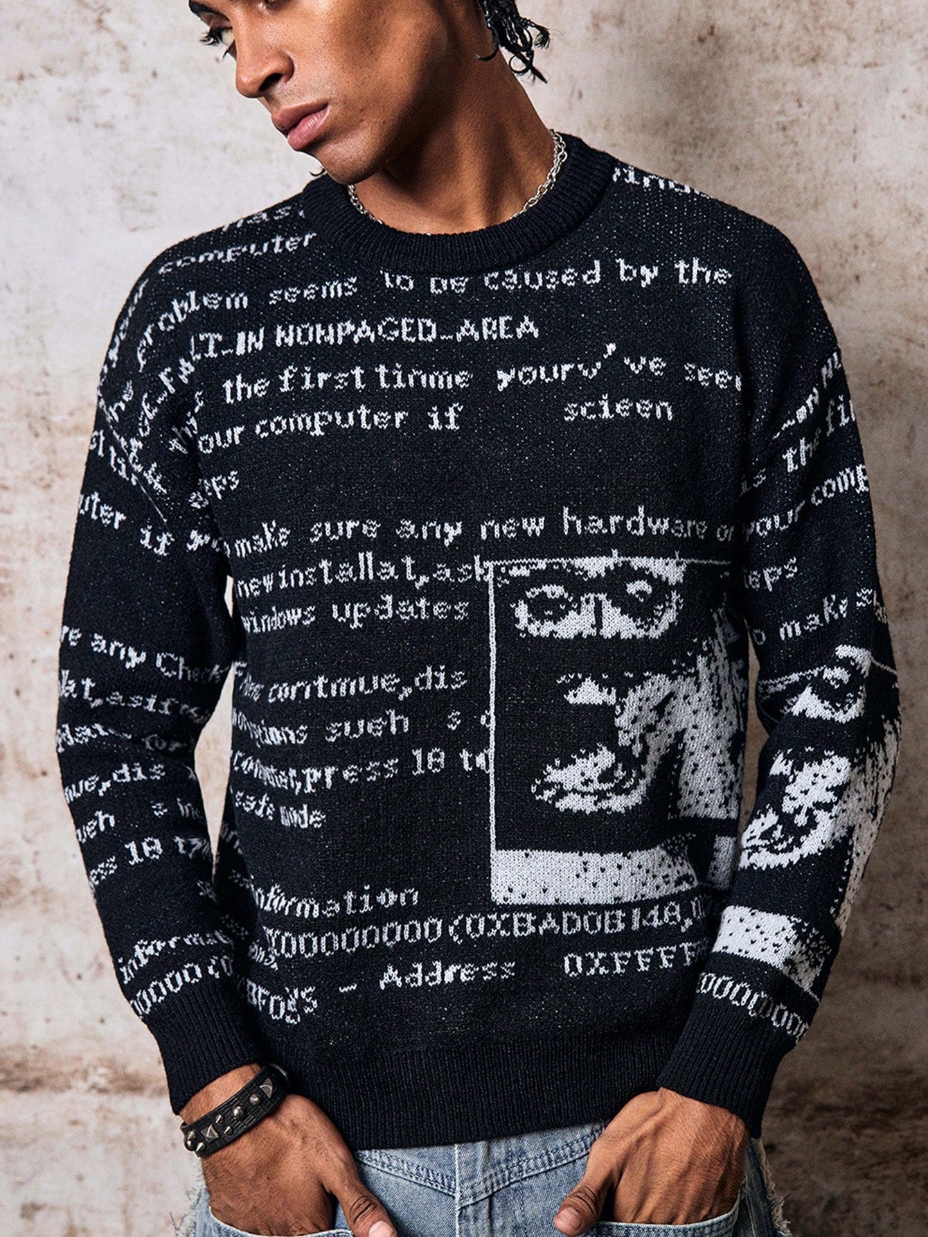 Skyrend ANDREILEE Autumn/Winter European & American New Unisex Casual Retro Abstract Letter Newspaper Print Jacquard Knit Crew Neck Sweater