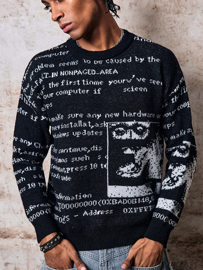 Skyrend ANDREILEE Autumn/Winter European & American New Unisex Casual Retro Abstract Letter Newspaper Print Jacquard Knit Crew Neck Sweater
