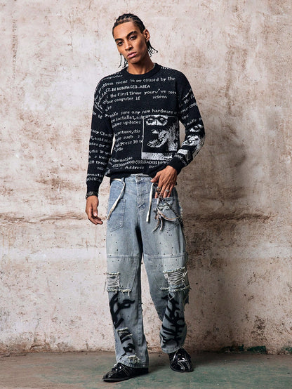 Skyrend ANDREILEE Autumn/Winter European & American New Unisex Casual Retro Abstract Letter Newspaper Print Jacquard Knit Crew Neck Sweater