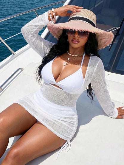 Slaydiva 2026 New Knitted Hollow Bikini Cover-Up Paired With Sexy Fitted Short Dress, Sun Protection