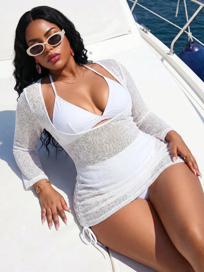 Slaydiva 2026 New Knitted Hollow Bikini Cover-Up Paired With Sexy Fitted Short Dress, Sun Protection