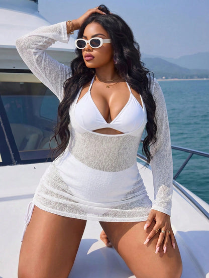 Slaydiva 2026 New Knitted Hollow Bikini Cover-Up Paired With Sexy Fitted Short Dress, Sun Protection