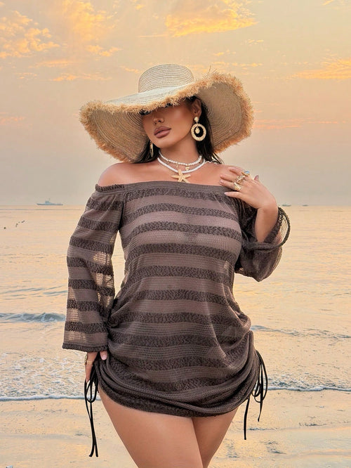 Slaydiva 2026 Spring/Summer Plus Size Women's One-Piece Off-Shoulder Long Sleeve Short Sexy Casual Beach Dress