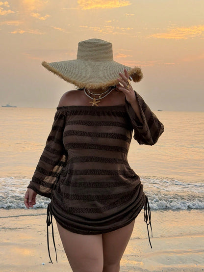 Slaydiva 2026 Spring/Summer Plus Size Women's One-Piece Off-Shoulder Long Sleeve Short Sexy Casual Beach Dress