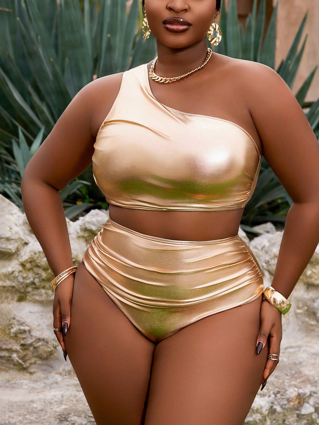 Slaydiva 2pcs/Set Plus Size Women Yellow Ruched Metallic Fabric Ruched One Shoulder High Waist Vacation Style Bikini Set, Swimwear & Pool Clothing Summer