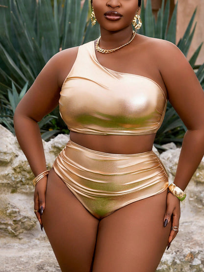 Slaydiva 2pcs/Set Plus Size Women Yellow Ruched Metallic Fabric Ruched One Shoulder High Waist Vacation Style Bikini Set, Swimwear & Pool Clothing Summer