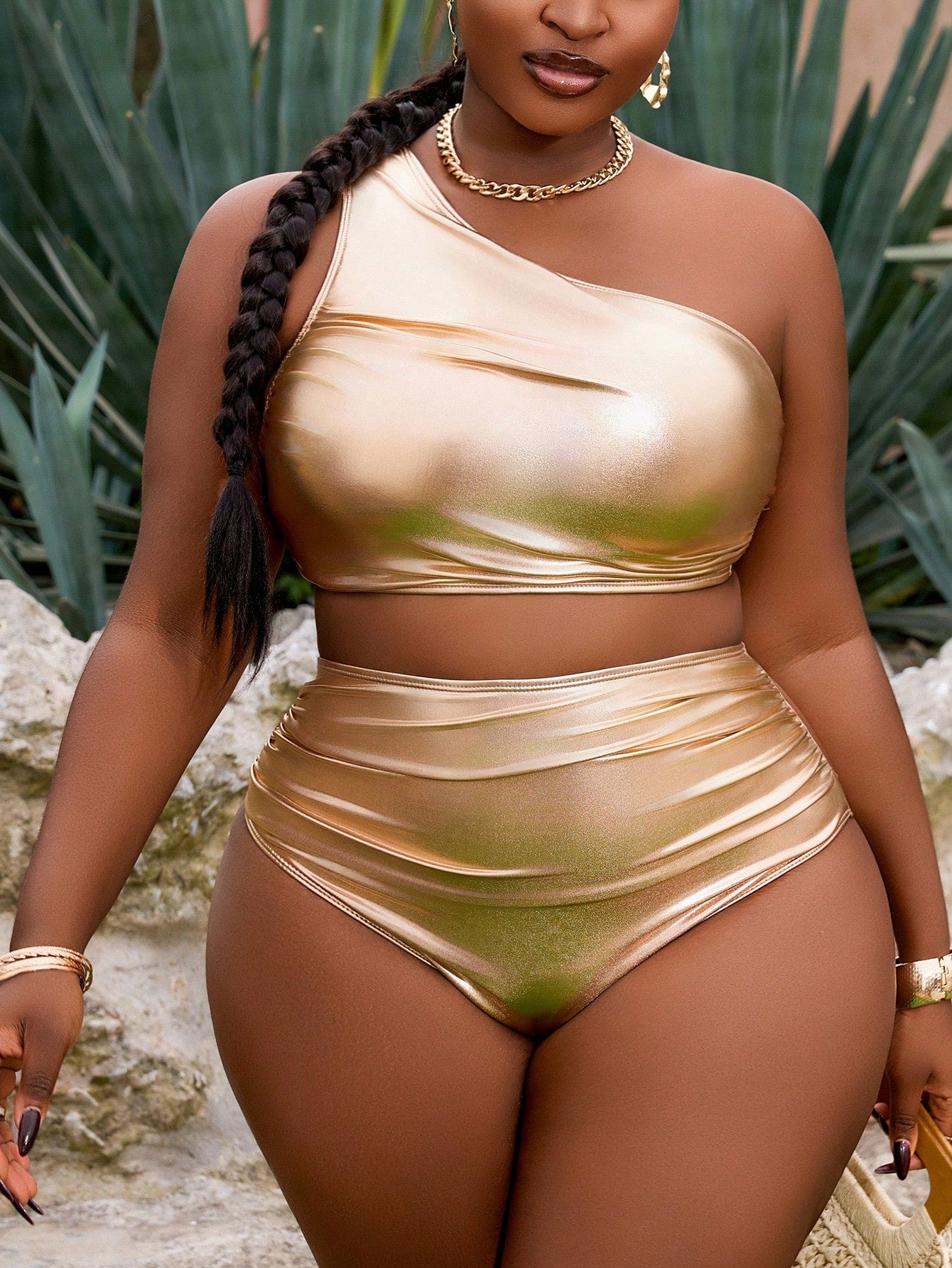 Slaydiva 2pcs/Set Plus Size Women Yellow Ruched Metallic Fabric Ruched One Shoulder High Waist Vacation Style Bikini Set, Swimwear & Pool Clothing Summer