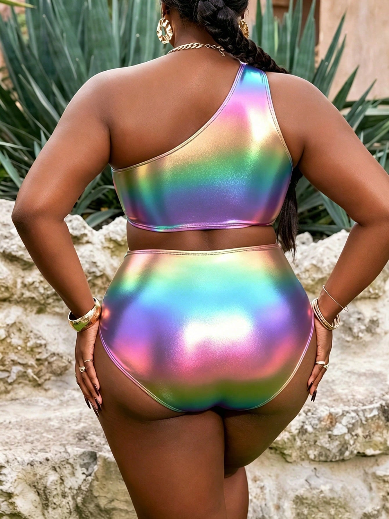 Slaydiva 2pcs/Set Plus Size Women Yellow Ruched Metallic Fabric Ruched One Shoulder High Waist Vacation Style Bikini Set, Swimwear & Pool Clothing Summer