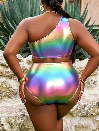 Slaydiva 2pcs/Set Plus Size Women Yellow Ruched Metallic Fabric Ruched One Shoulder High Waist Vacation Style Bikini Set, Swimwear & Pool Clothing Summer