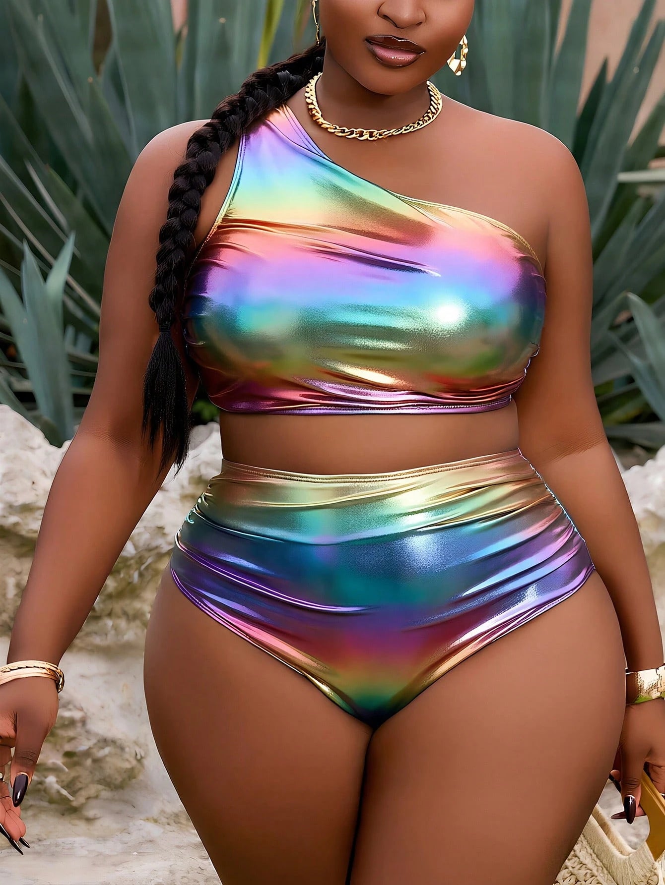 Slaydiva 2pcs/Set Plus Size Women Yellow Ruched Metallic Fabric Ruched One Shoulder High Waist Vacation Style Bikini Set, Swimwear & Pool Clothing Summer