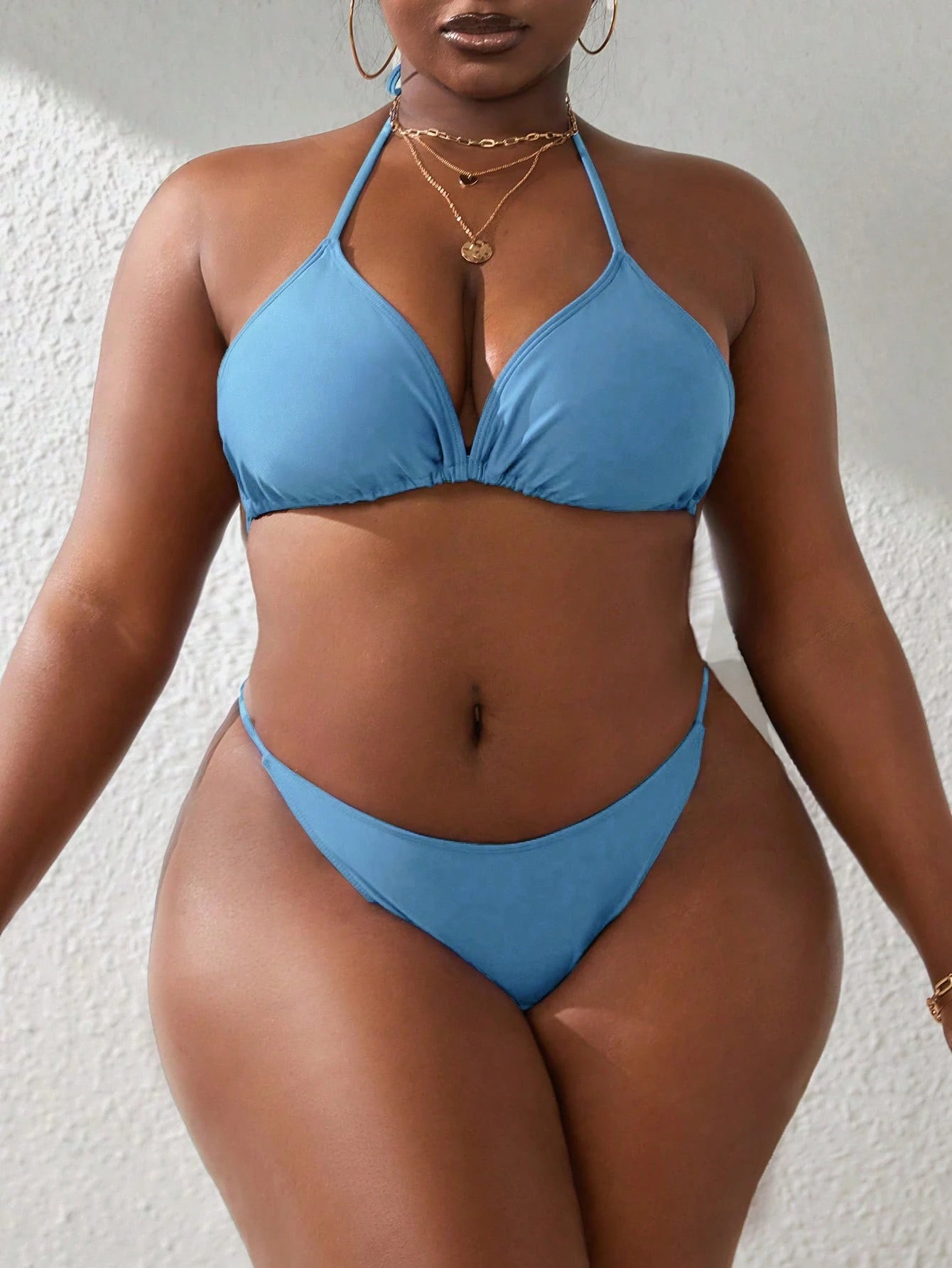 Slaydiva 4pcs Plus Size Women Solid Color Halter Tie Bralette Separate With Cover Up Tankini Set Summer
