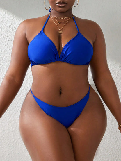 Slaydiva 4pcs Plus Size Women Solid Color Halter Tie Bralette Separate With Cover Up Tankini Set Summer