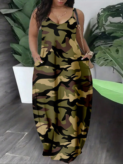 Slaydiva Casual Minimalist Loose Strap Pocket Camo Print Dress For Women, Army Green