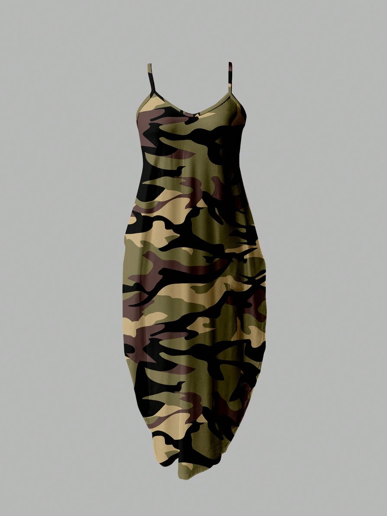 Slaydiva Casual Minimalist Loose Strap Pocket Camo Print Dress For Women, Army Green