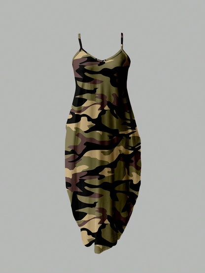 Slaydiva Casual Minimalist Loose Strap Pocket Camo Print Dress For Women, Army Green