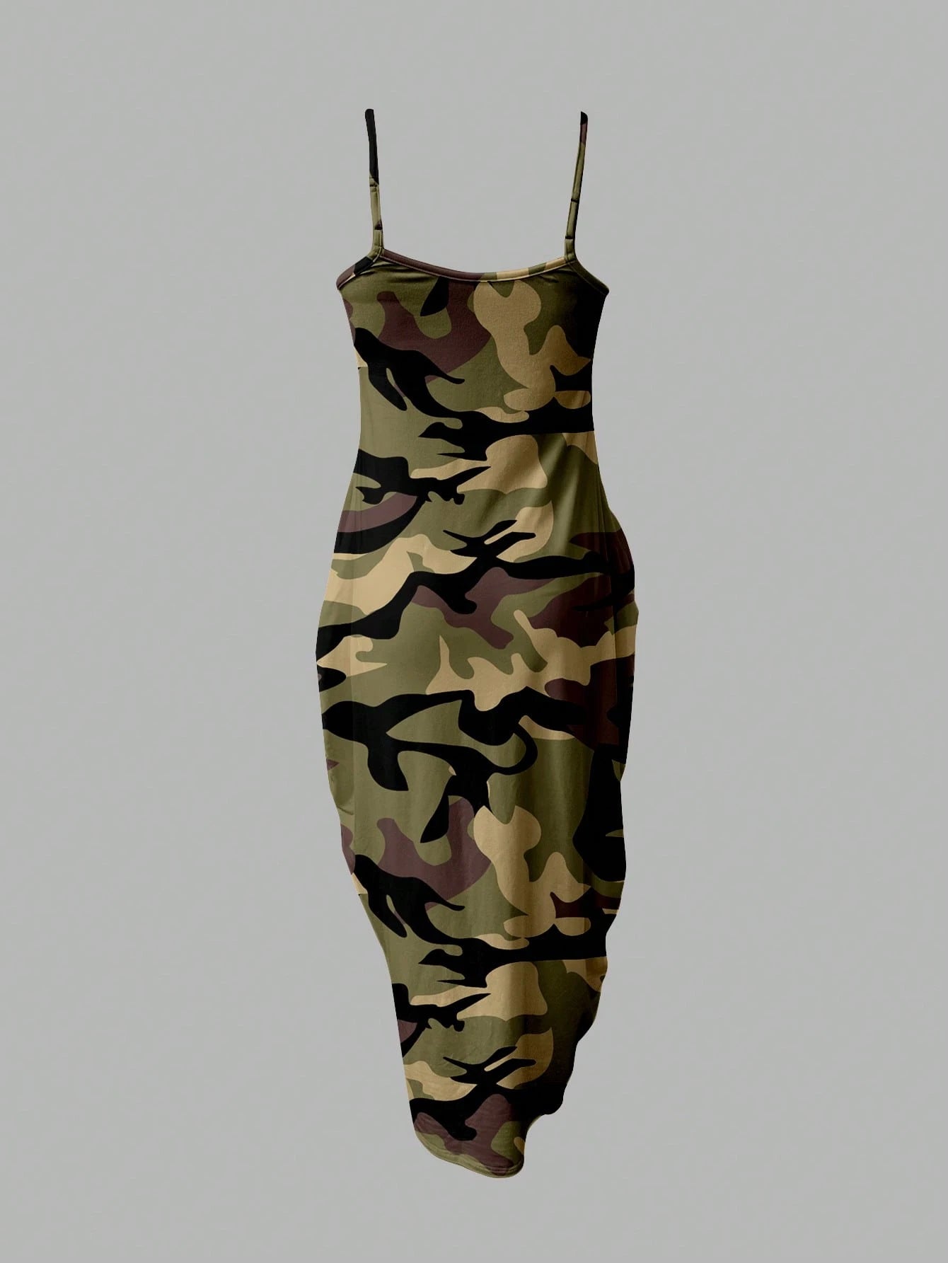 Slaydiva Casual Minimalist Loose Strap Pocket Camo Print Dress For Women, Army Green