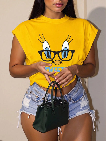 Slaydiva LOONEY TUNES X Plus Size Casual Sleeveless T-Shirt, Suitable For Summer