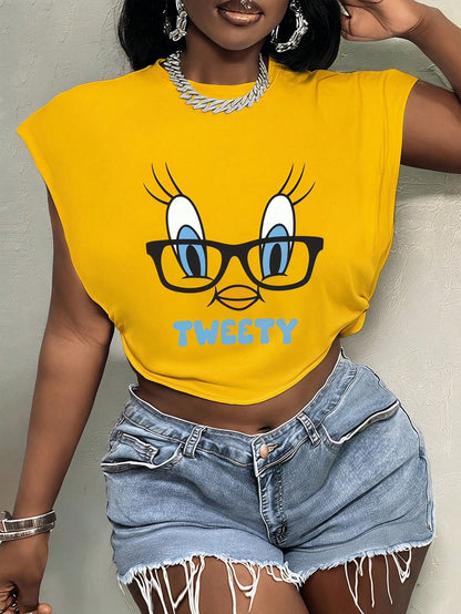 Slaydiva LOONEY TUNES X Plus Size Casual Sleeveless T-Shirt, Suitable For Summer