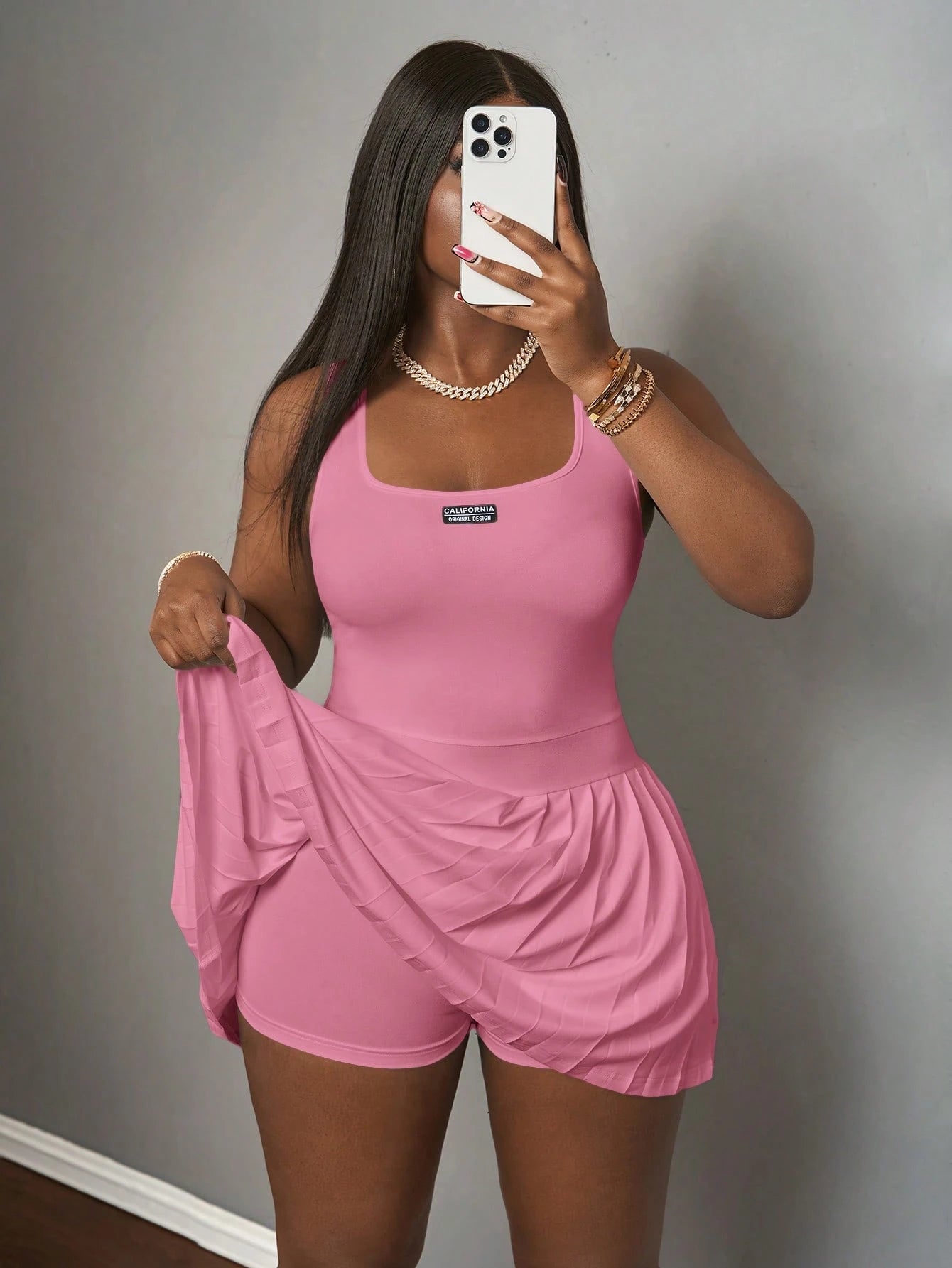 Slaydiva Pink Summer Casual Cute Back-To-School Women's Knitted Mini Dress Basic U-Neck Racer Vest Pleated Skirt Including Shorts Culottes Spring New Student
