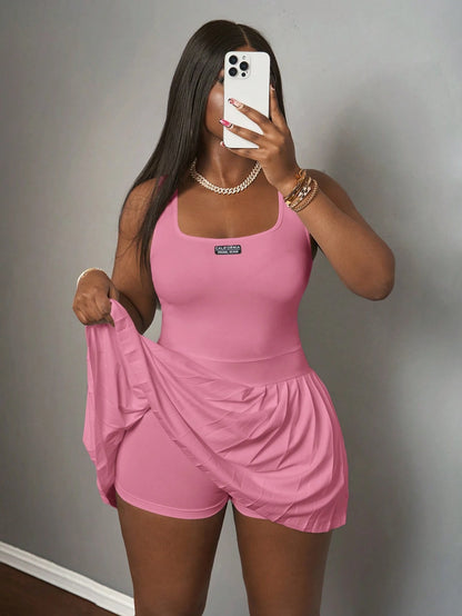 Slaydiva Pink Summer Casual Cute Back-To-School Women's Knitted Mini Dress Basic U-Neck Racer Vest Pleated Skirt Including Shorts Culottes Spring New Student
