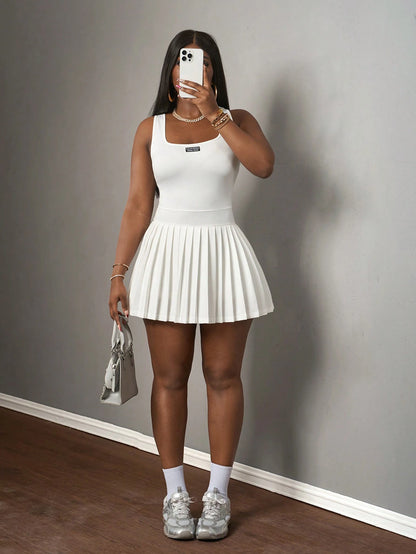 Slaydiva Pink Summer Casual Cute Back-To-School Women's Knitted Mini Dress Basic U-Neck Racer Vest Pleated Skirt Including Shorts Culottes Spring New Student