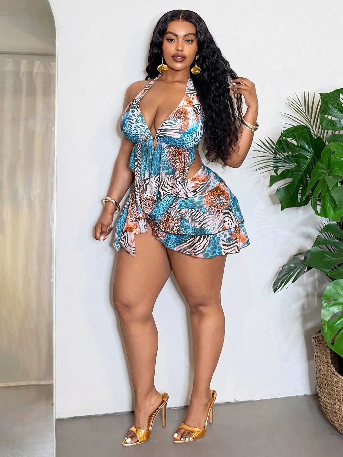 Slaydiva Plus Size Animal Print Beach Swimwear Set
