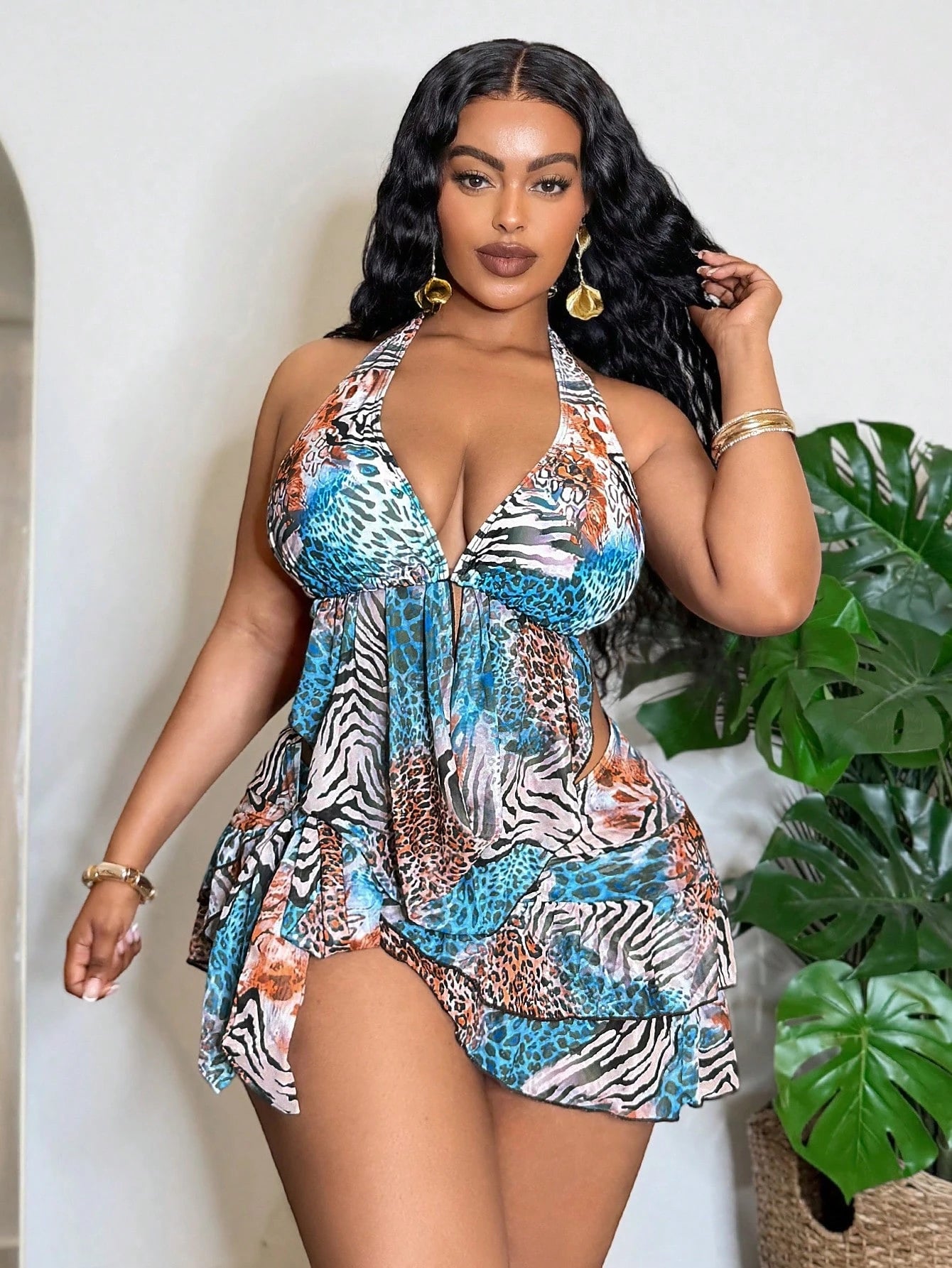 Slaydiva Plus Size Animal Print Beach Swimwear Set