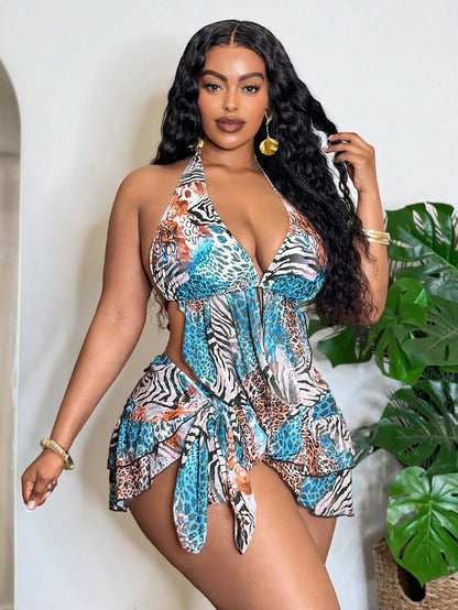 Slaydiva Plus Size Animal Print Beach Swimwear Set